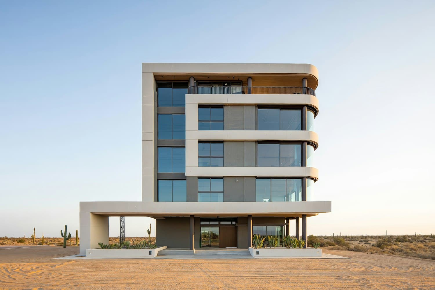 Contemporary building with curved balconies set in a desert landscape