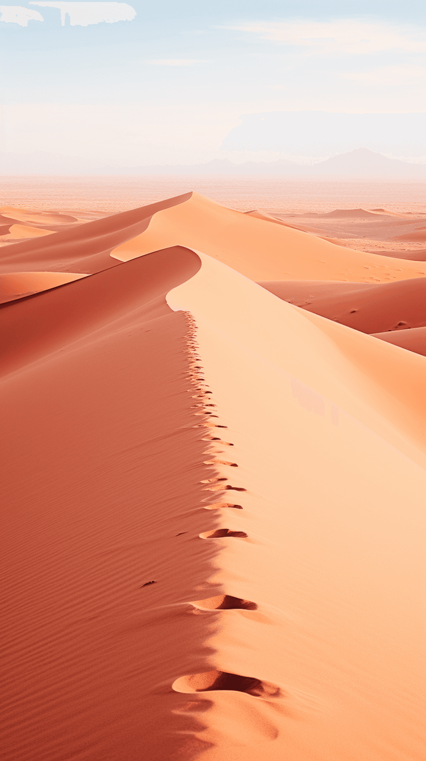 Footprints crossing golden sand dunes