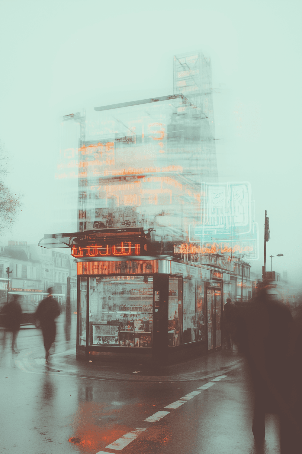 Neon-lit kiosk on a misty street at night
