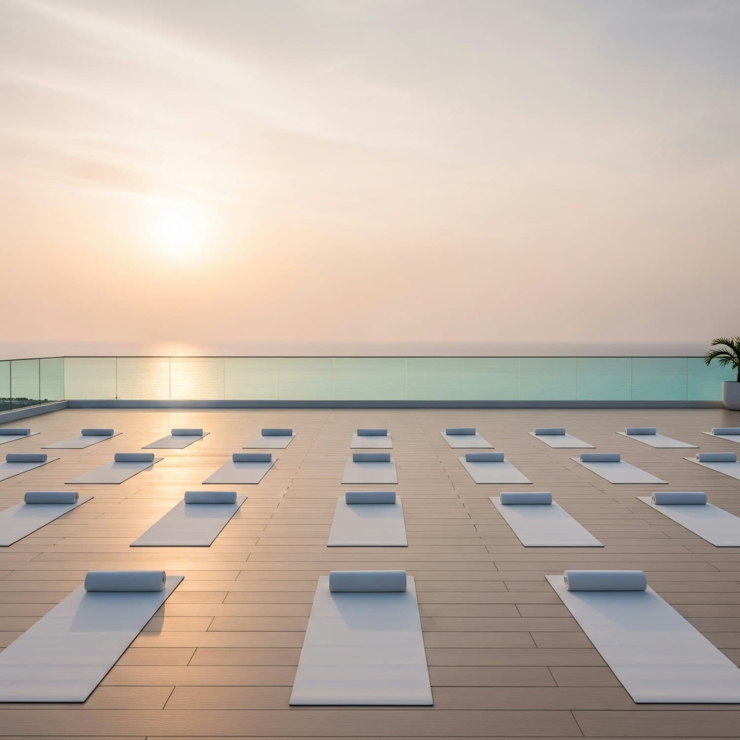Yoga deck with mats and towels at sunrise