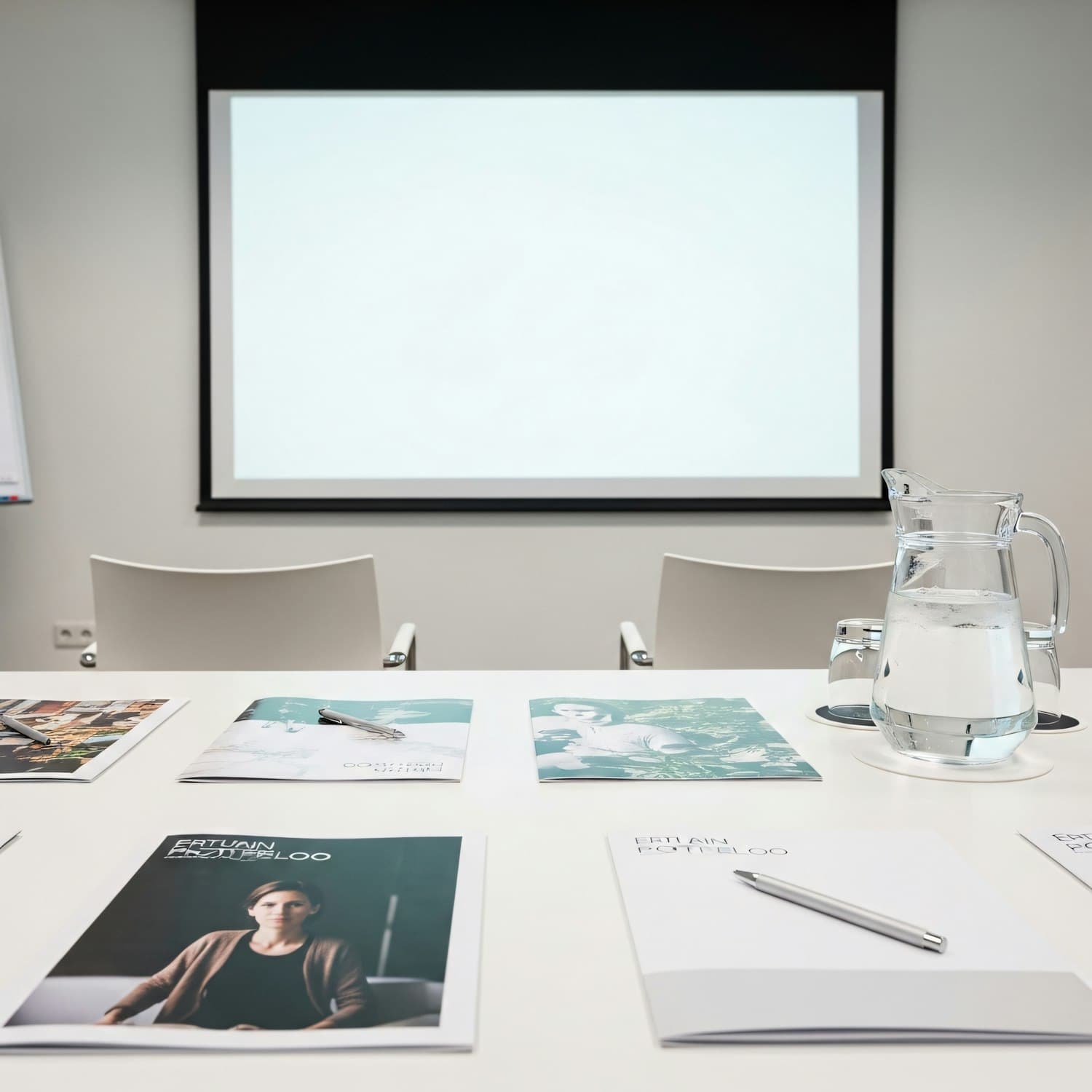 Conference room set with brochures and a projection screen