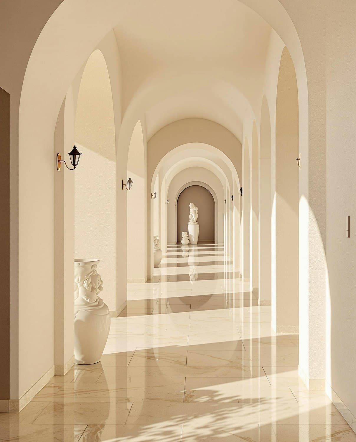 Arched marble colonnade washed in soft light