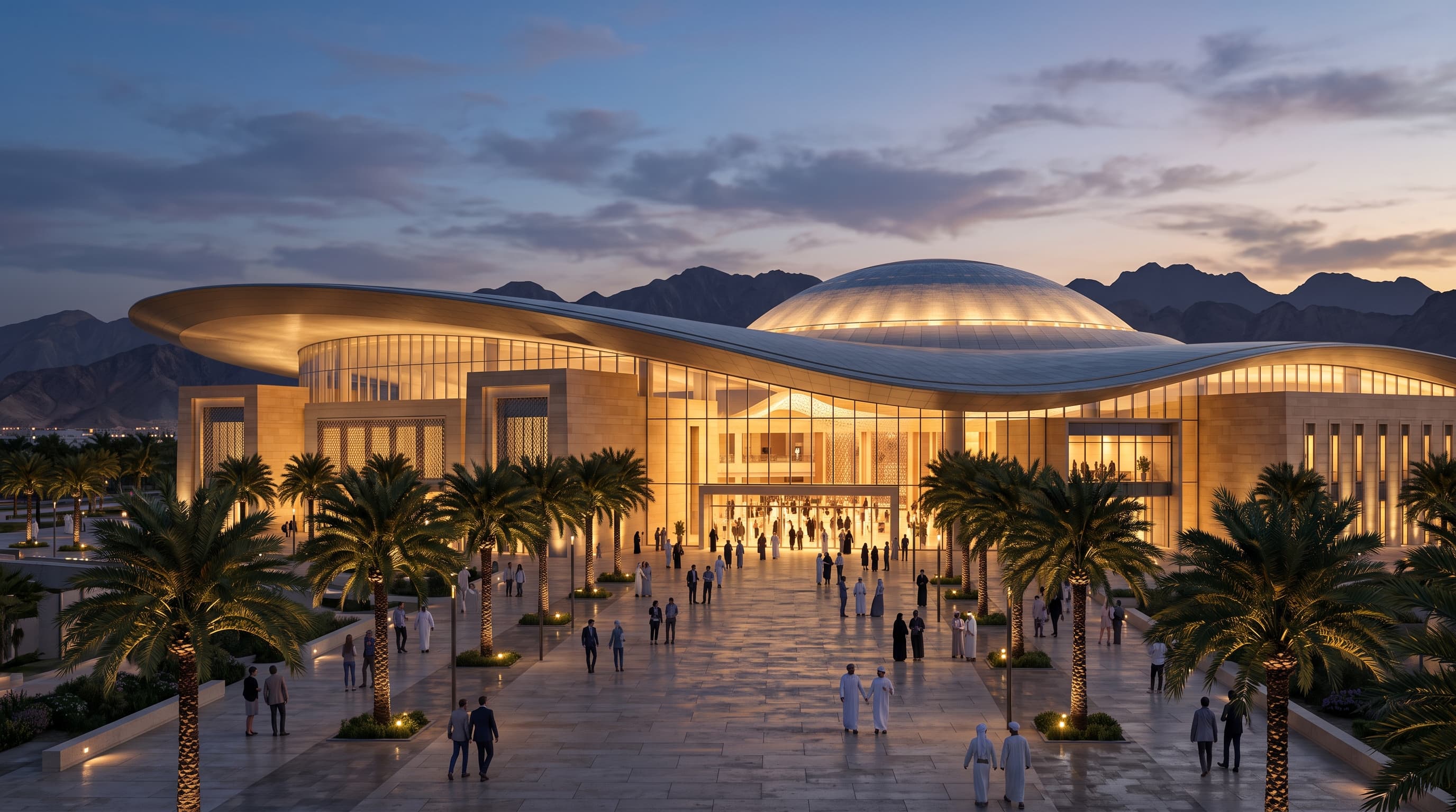 Convention centre with a sweeping roof canopy and dome above a palm-lined plaza at dusk