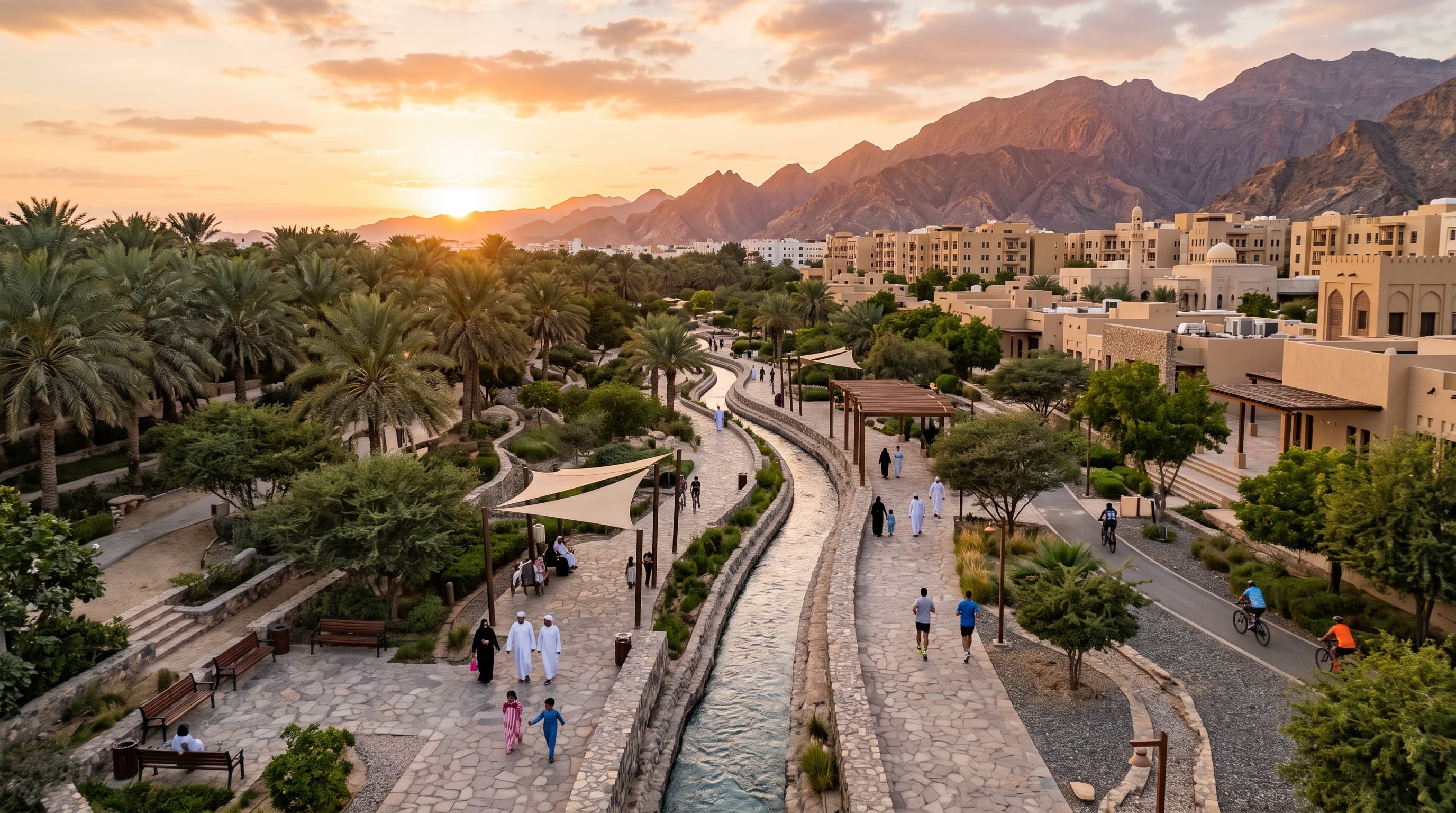 Wadi Park at sunset, with palm groves along a stone water channel and mountains in the distance